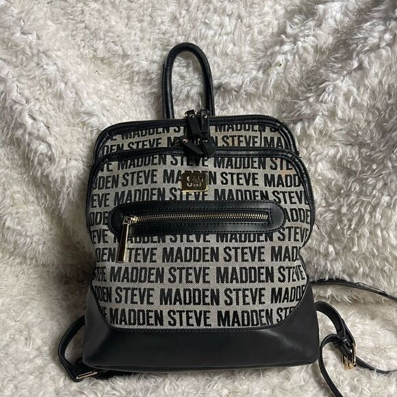Steve Madden canvas black &white logo small backpack  black faux leather trims main image 6